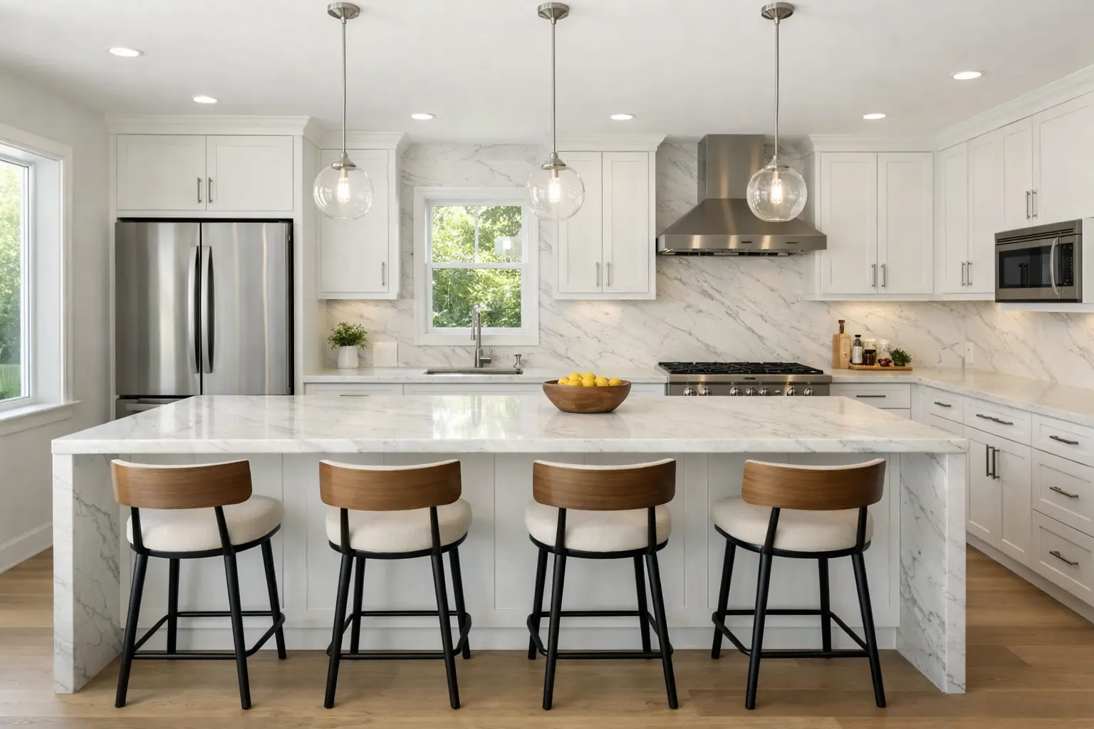 Licht geaderd kwartsiet werkblad in moderne keuken